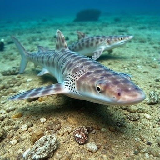 Epaulette sharks Two epaulette sharks swim gracefully in the ocean, navigating around rocks in their natural habitat.