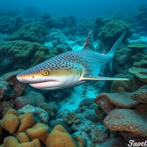 A carpet shark A carpet shark navigating the ocean waters, with coral reefs alongside it.