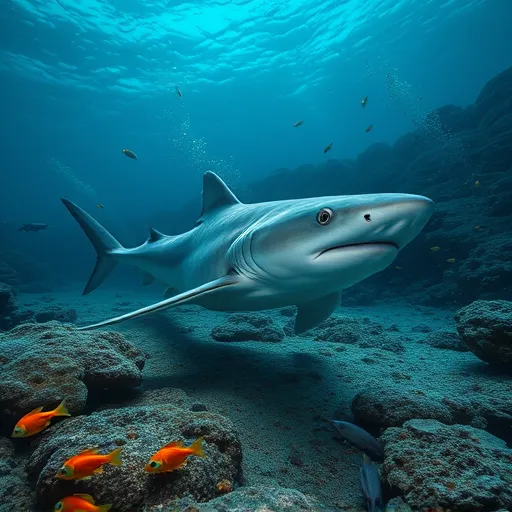 A carpet shark A carpet shark gliding through the ocean, surrounded by a few small fish swimming nearby.