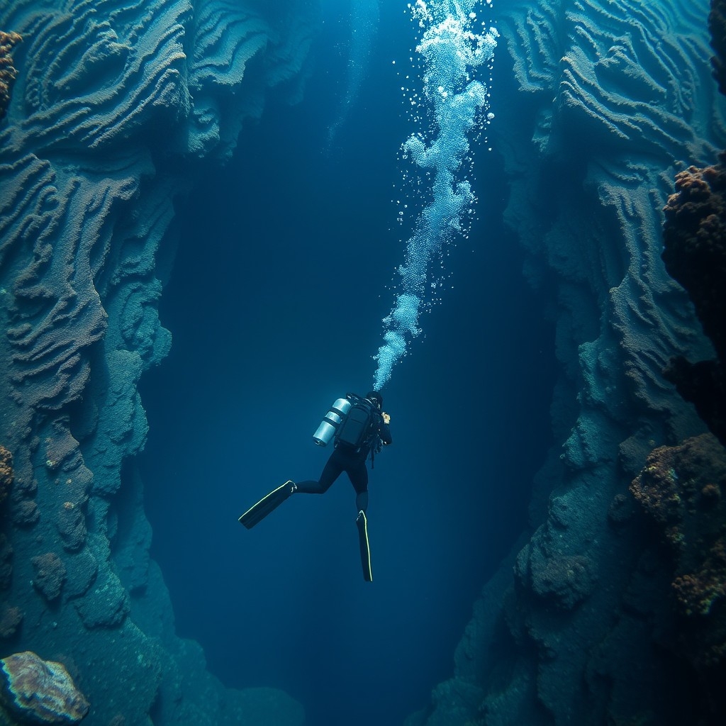 Diver reaching extreme depths in the dark waters of the Red Sea.
