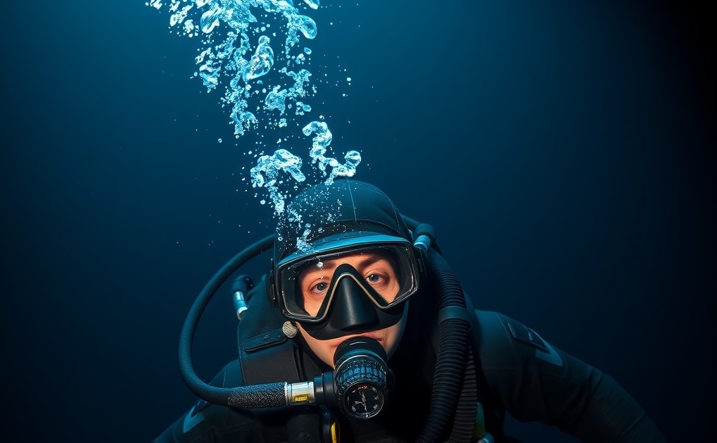 Diver at great depth facing pressures and challenges of deep diving.