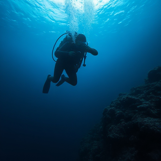 A deep-sea dive with a diver exploring the ocean's depths, surrounded by bioluminescent creatures