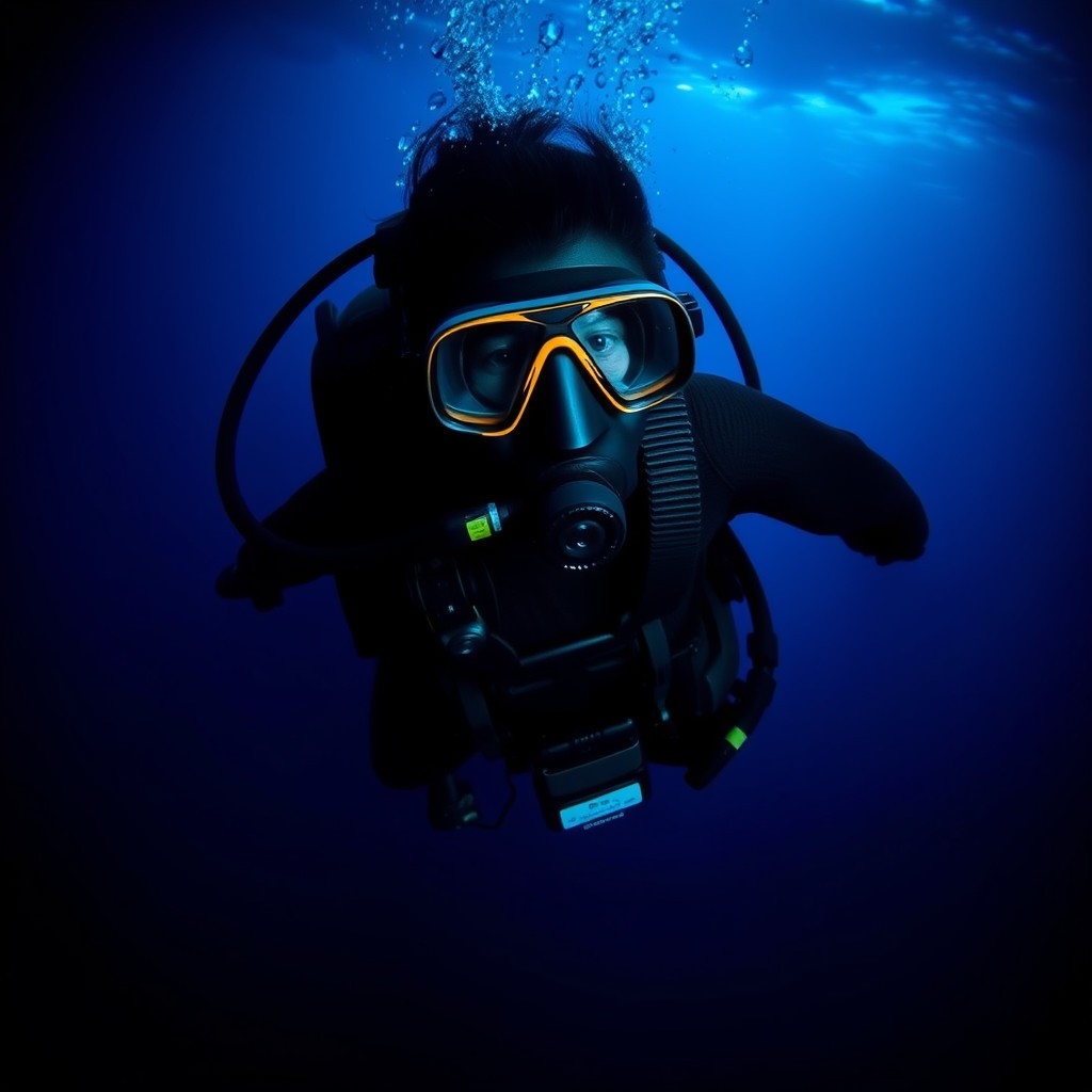 Scuba diver with advanced gear  abyss, surrounded by darkening waters as light fades above.