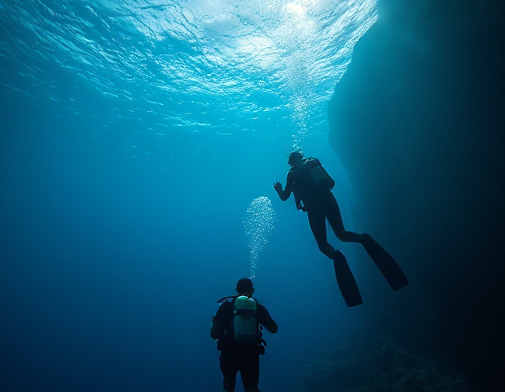 Two scuba divers ascend together in the ocean, showcasing teamwork and support during their deep-sea exploration.