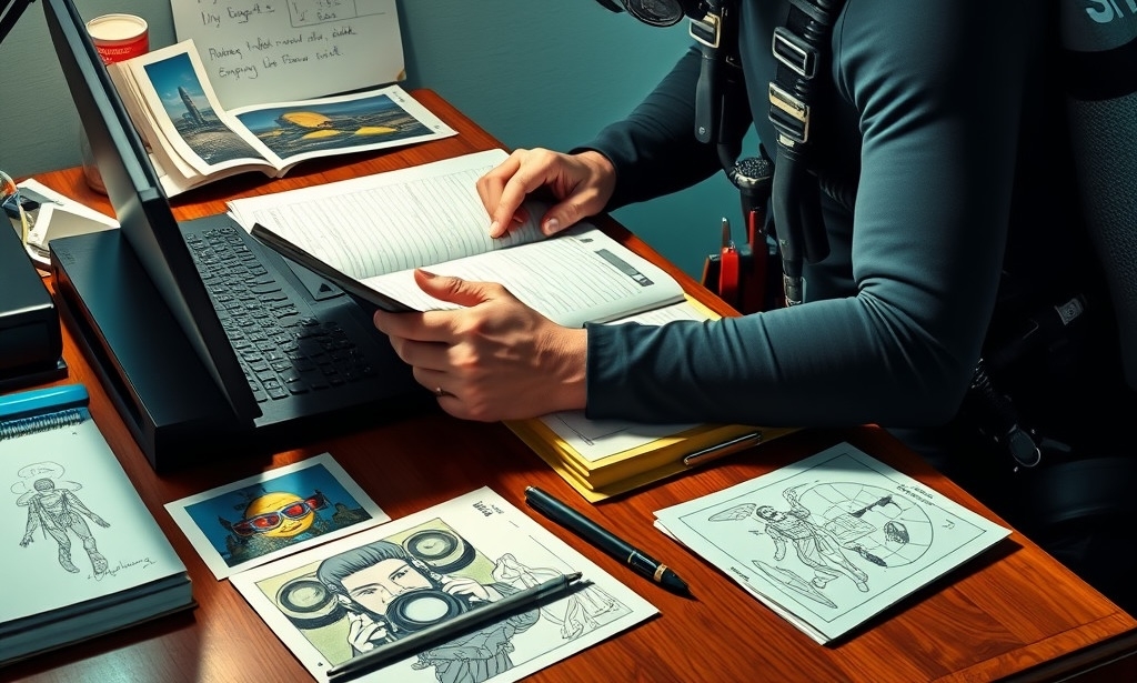 Scuba diver analyzing their dive logbook filled with entries, photos, and sketches to improve diving skills