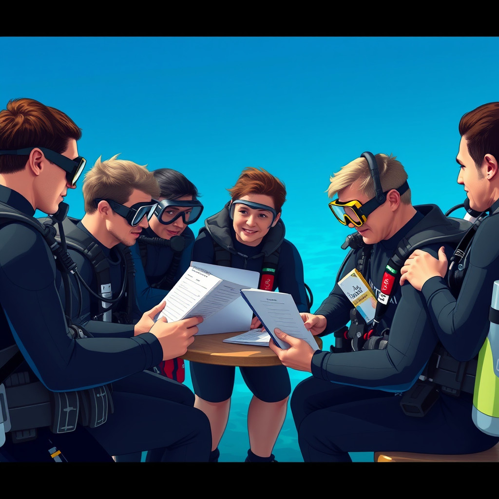 Group of scuba divers sharing and discussing their dive logs to exchange experiences