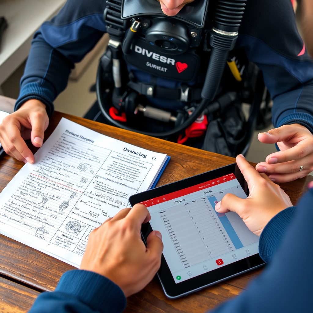 Scuba diver comparing a paper dive logbook with sketches and a tablet showing digital dive log app