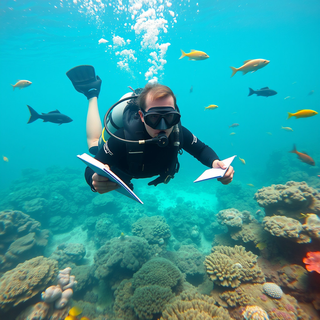 A scuba diver records observations in a dive log while exploring a colorful coral reef teeming with marine life