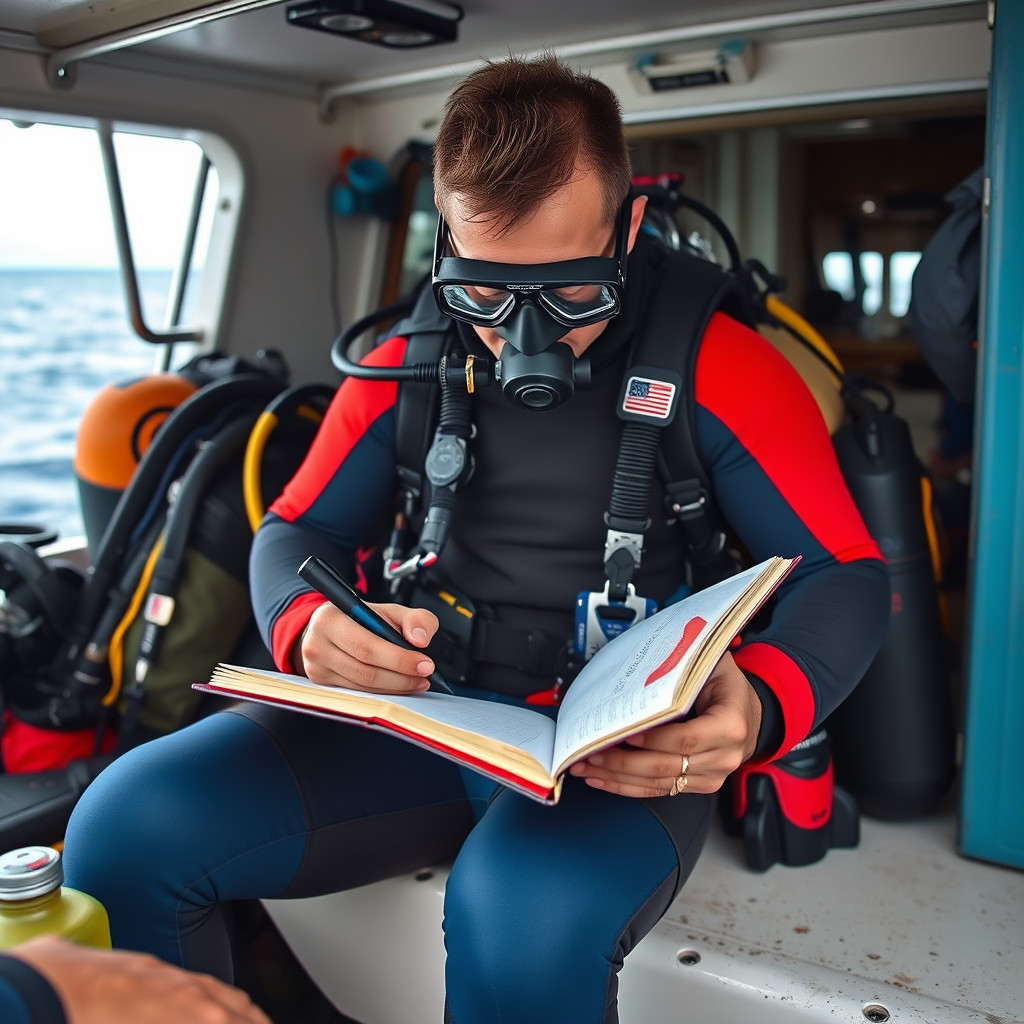 Scuba diver writing in a dive log on a boat after underwater exploration