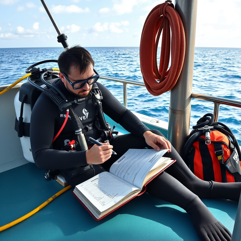 A scuba diver records observations in a dive log while exploring a colorful coral reef teeming with marine life