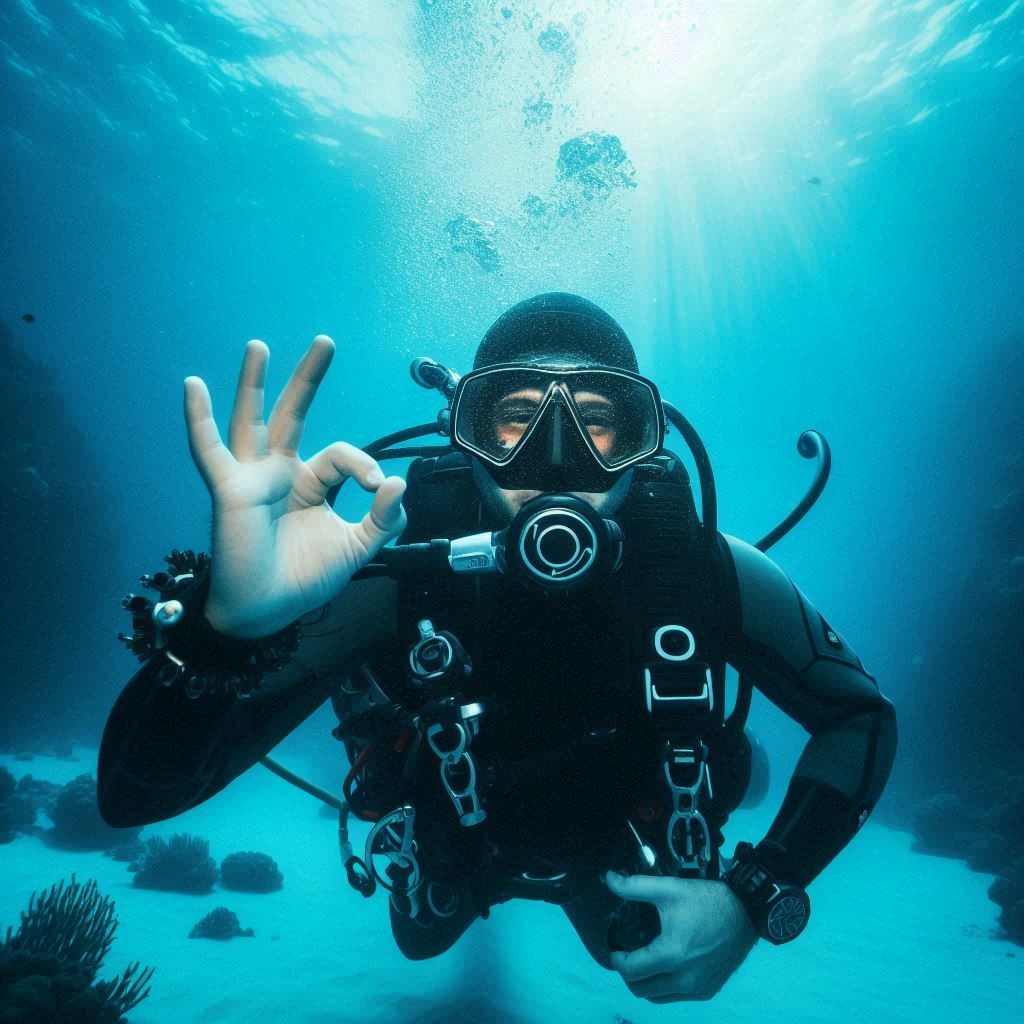 A scuba diver in the ocean signals 