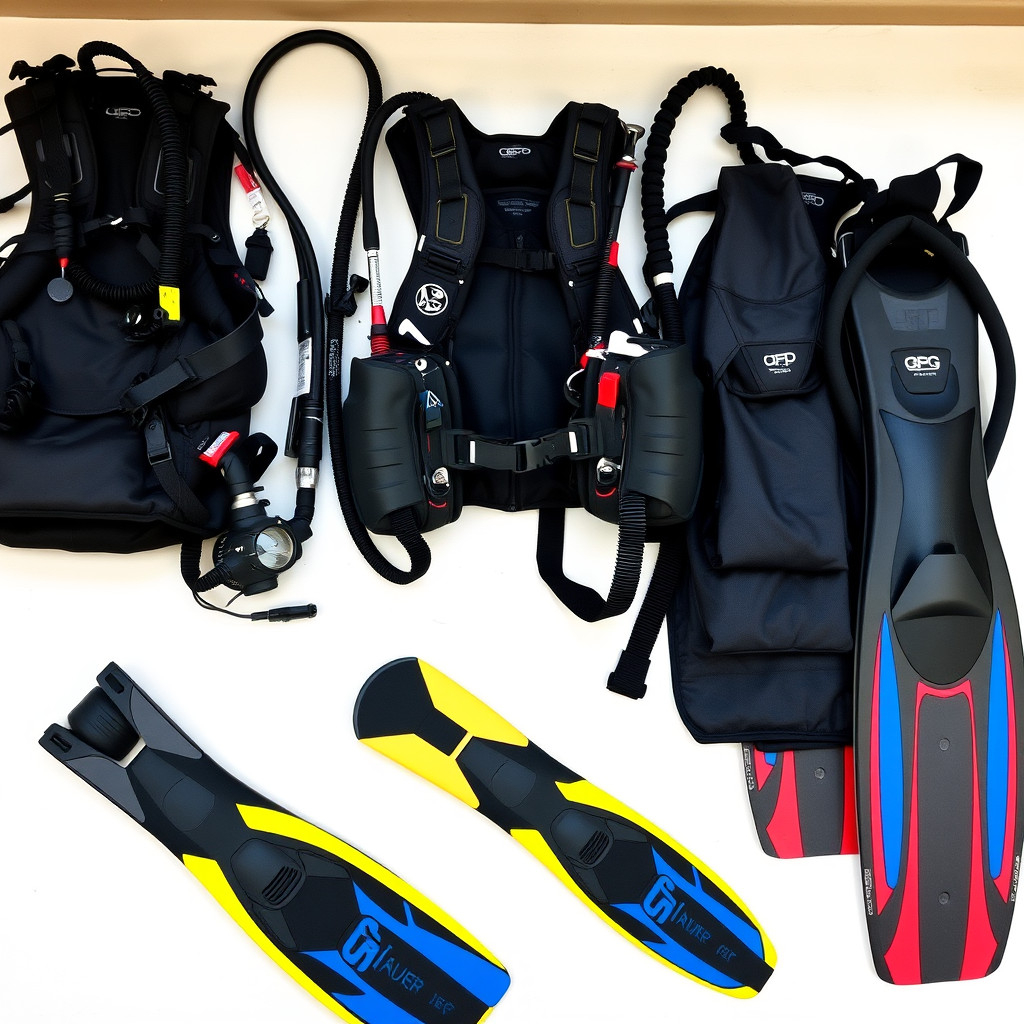 Various scuba gear items labeled with acronyms like BCD, SPG, and DSMB displayed together