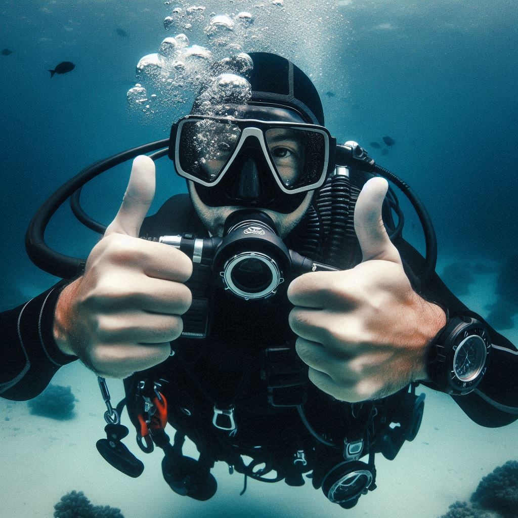  A scuba diver in the ocean gives a thumbs up signal, indicating ascending slowly by pointing thumb upward
