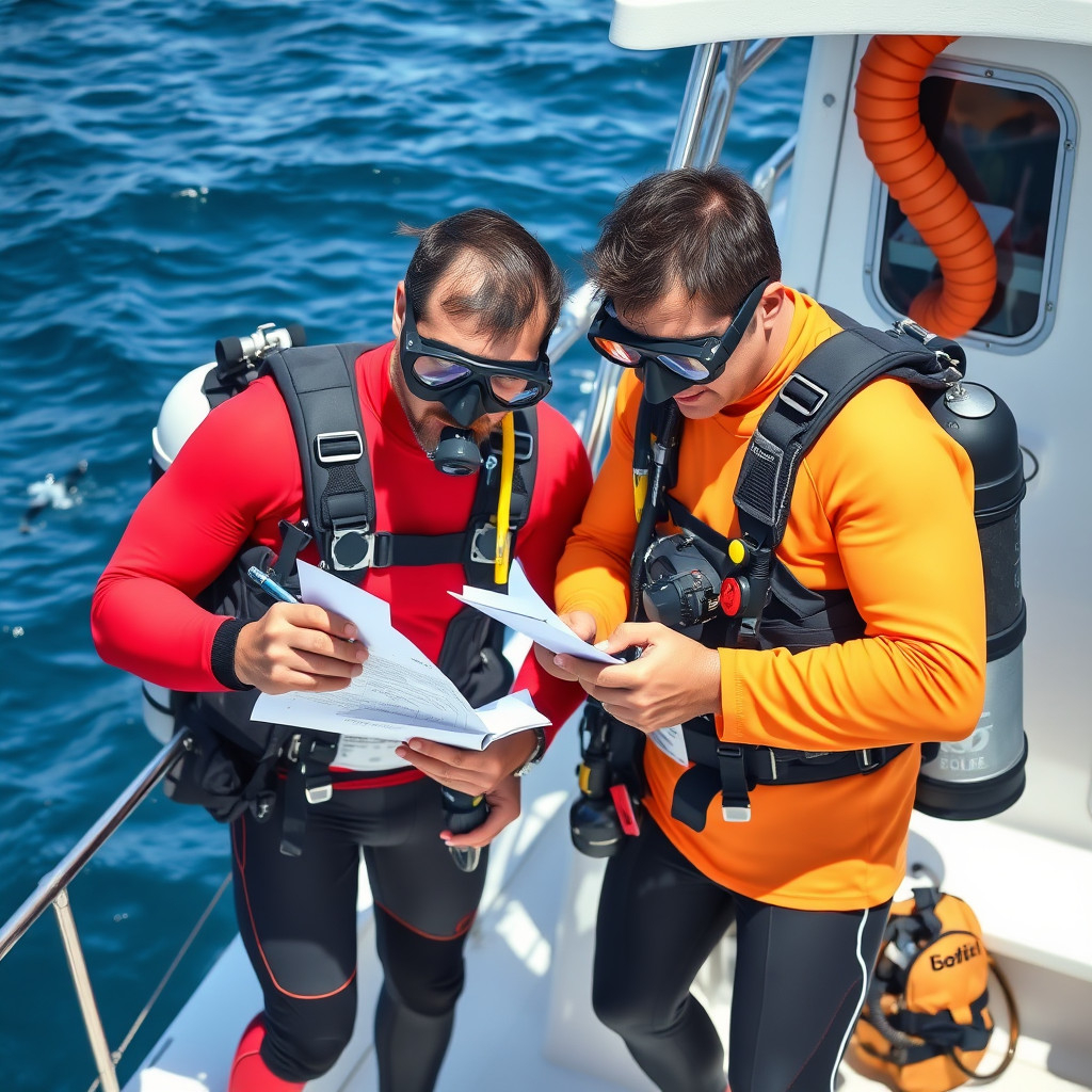 Divers conducting pre-dive safety checks together on a boat with their scuba gear