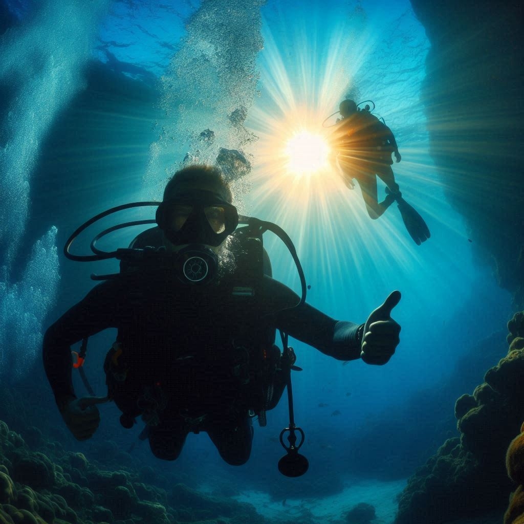 A scuba diver explores the vibrant ocean depths alongside a dive buddy, surrounded by marine life and coral formations.