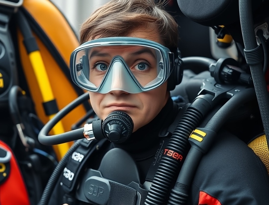 A man in a scuba suit and goggles prepares for an underwater dive, showcasing essential diving gear and safety measures.