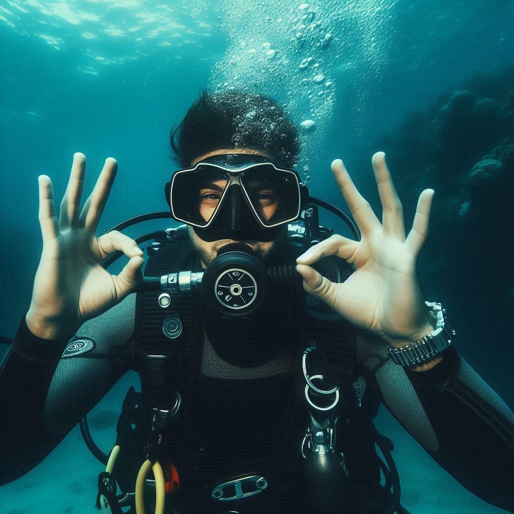 Divers underwater communicating with hand signals doing 'OK' with his fingers