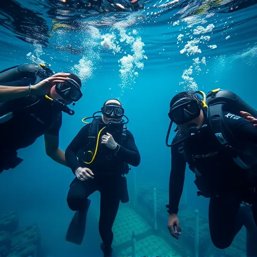 Three scuba divers underwater,  fully equipped with gear, diving nearby a wreck