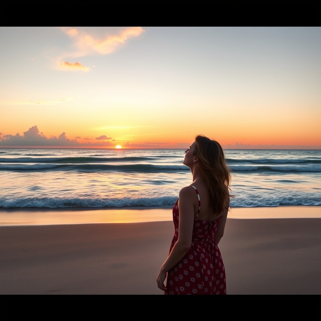 A woman gazes at the sunset over the ocean, reflecting on her passion for inspiring others in free diving.