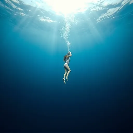 A diver diving deep into the ocean on a single breath, surrounded by vast blue waters, illustrating Alessia Zecchini's dive