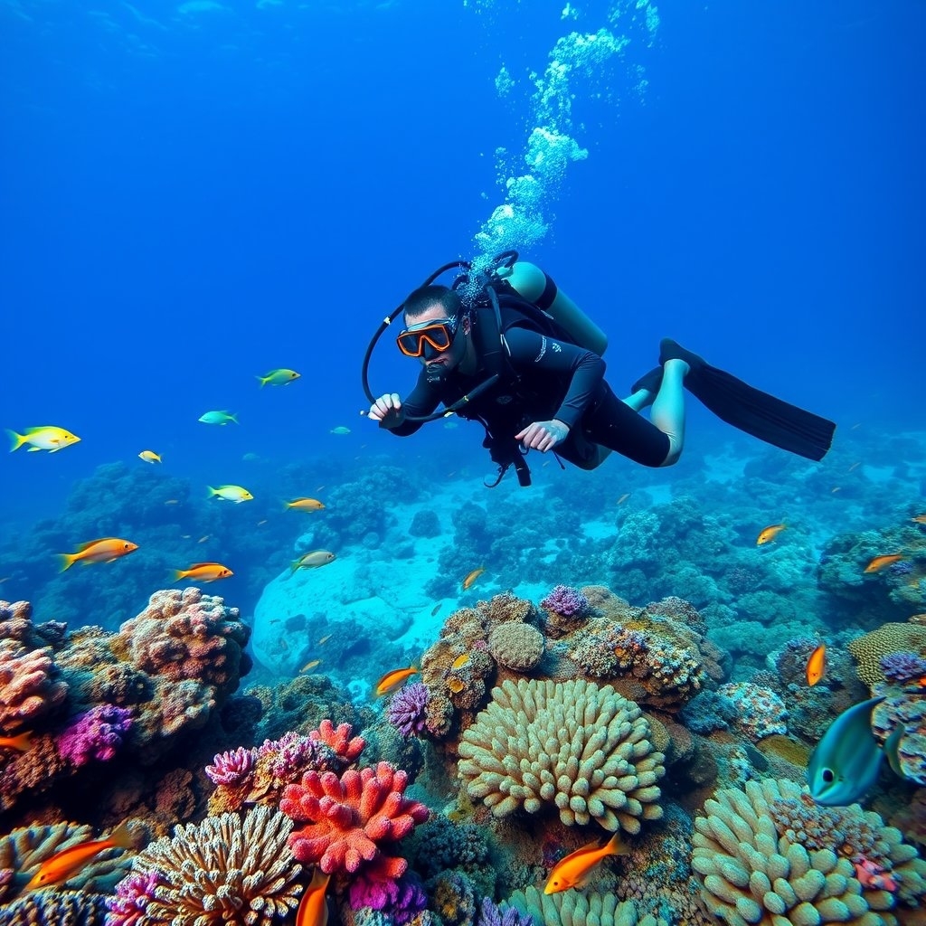 An underwater scene featuring a scuba diver in full diving gear exploring a vibrant coral reef teeming with marine life; highly detailed, very realistic, vibrant colors, spontaneous, everyday scene, no text on image