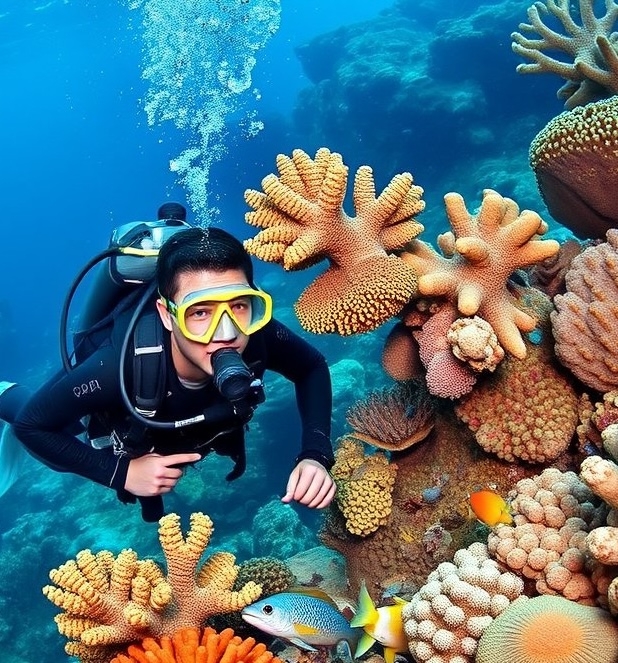 Beginner scuba diver exploring a colorful coral reef surrounded by marine life