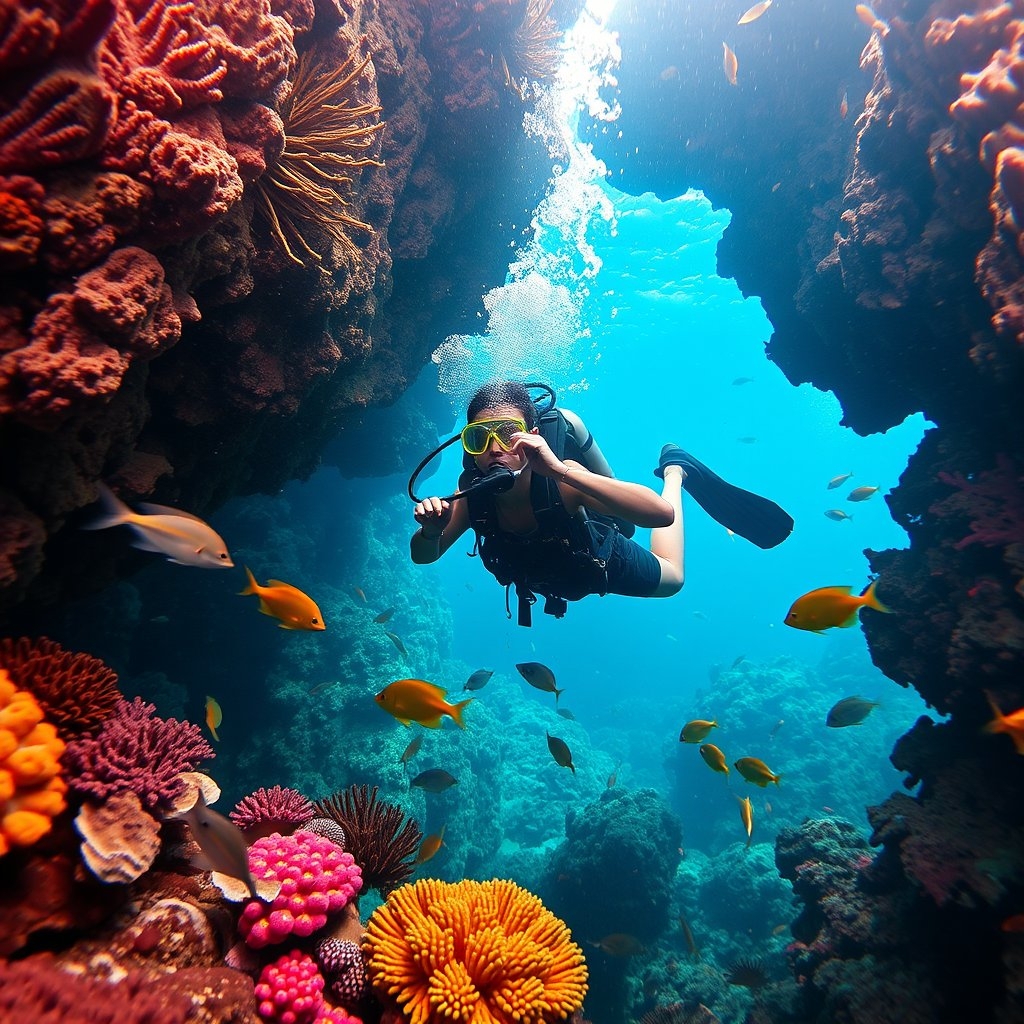 Scuba diver happily exploring a tropical coral reef teeming with marine life