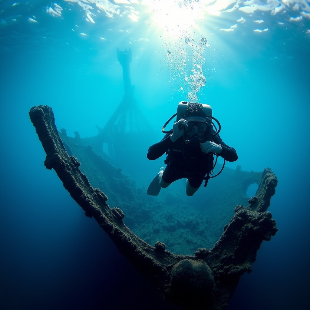 Scuba diver investigating a sunken shipwreck illuminated by underwater light beams