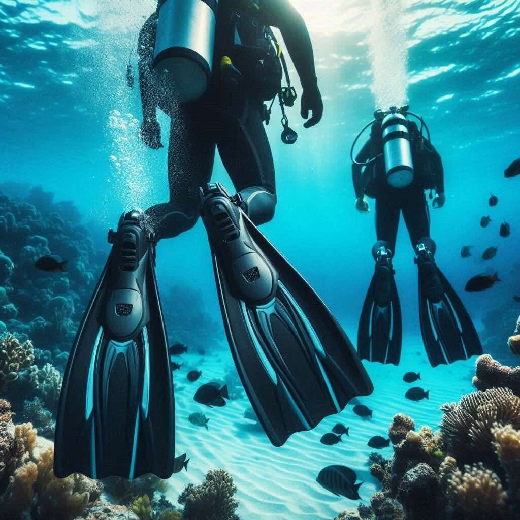 Fins for Scuba Diving Two divers equipped with fins, use them to navigate effortlessly, highlighting the importance of comfort in diving gear.