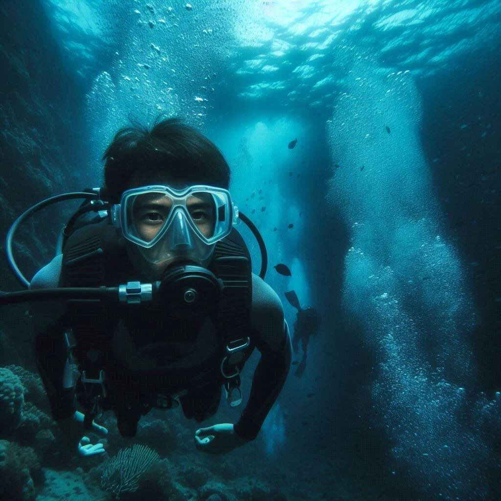Scuba Diver in Deep Sea A fully-equipped scuba diver, discovering the underwater world, its diverse ecosystem and beautiful marine life.