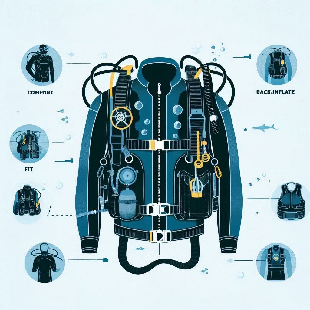Buoyancy Control Device for Scuba Diving Illustration of Buoyancy Control Device (BCD), and its essential features for diving comfort and functionality.