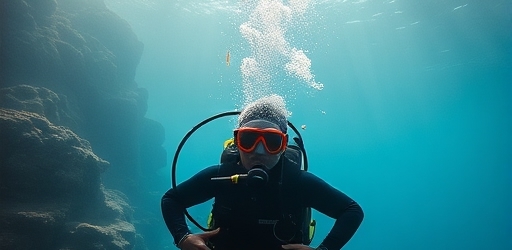 A Scuba Diver Wearing Snorkel A man in a scuba suit and snorkel explores the underwater world, surrounded by colorful fish and coral.