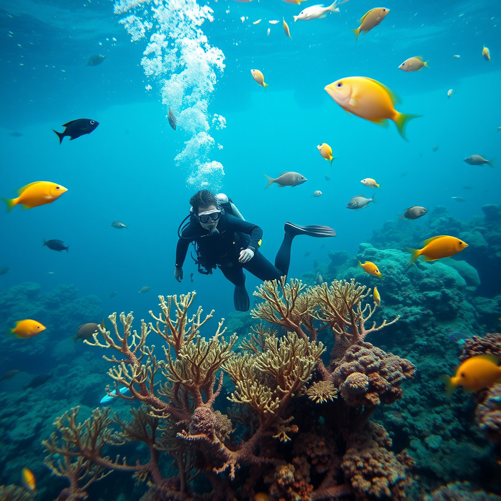 An underwater scene of a scuba diver navigating around the deep ocean, colorful marine life.