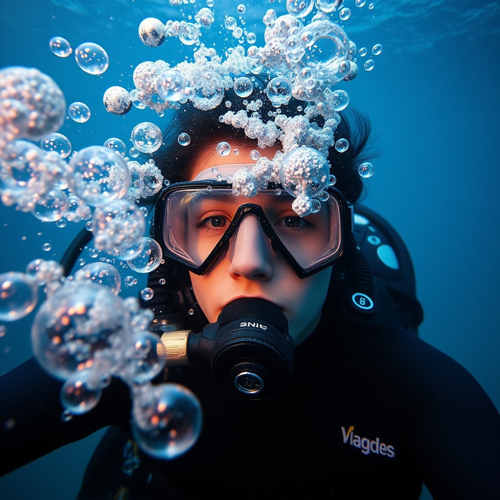 Scuba diver exploring deep underwater, big fish around, in the ocean.