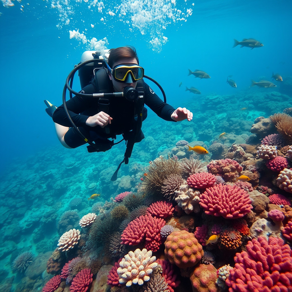 Scuba diver Scuba diver in full gear swims through colorful coral reef underwater, surrounded by tropical fish