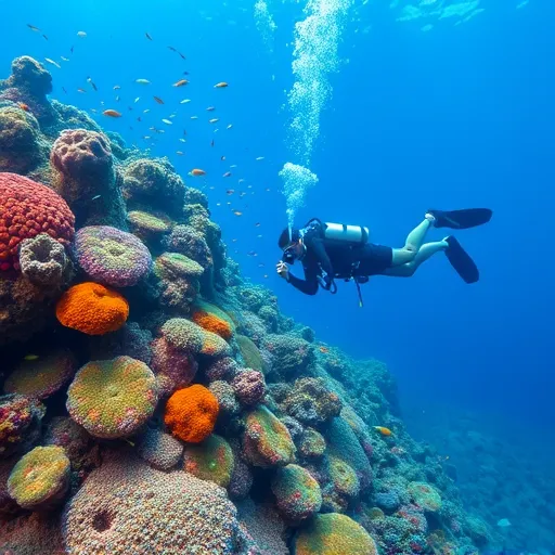 Scuba diver Scuba diver in full gear swims through colorful coral reef underwater, surrounded by tropical fish