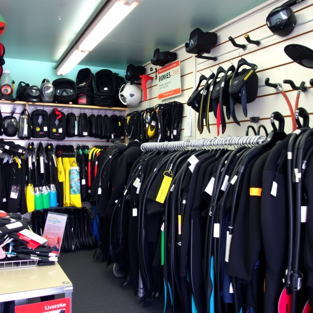 Scuba diving equipment Scuba diving equipment displayed in a dive shop offering gear for rent and purchase