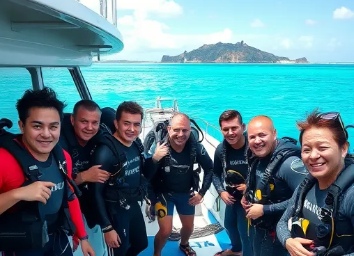 Scuba divers on a boat Scuba divers on a boat preparing to dive near tropical island with clear blue water