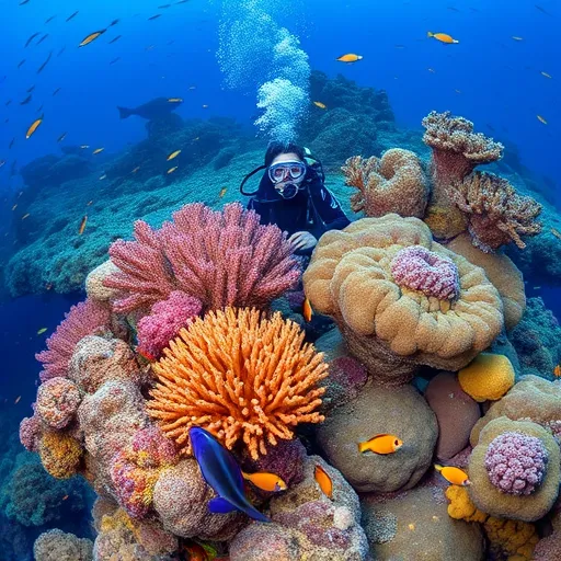 Scuba diver in Koh Lipe, Thailand Scuba diver exploring vibrant coral reef surrounded by colorful marine life underwater in Koh Lipe, Thailand