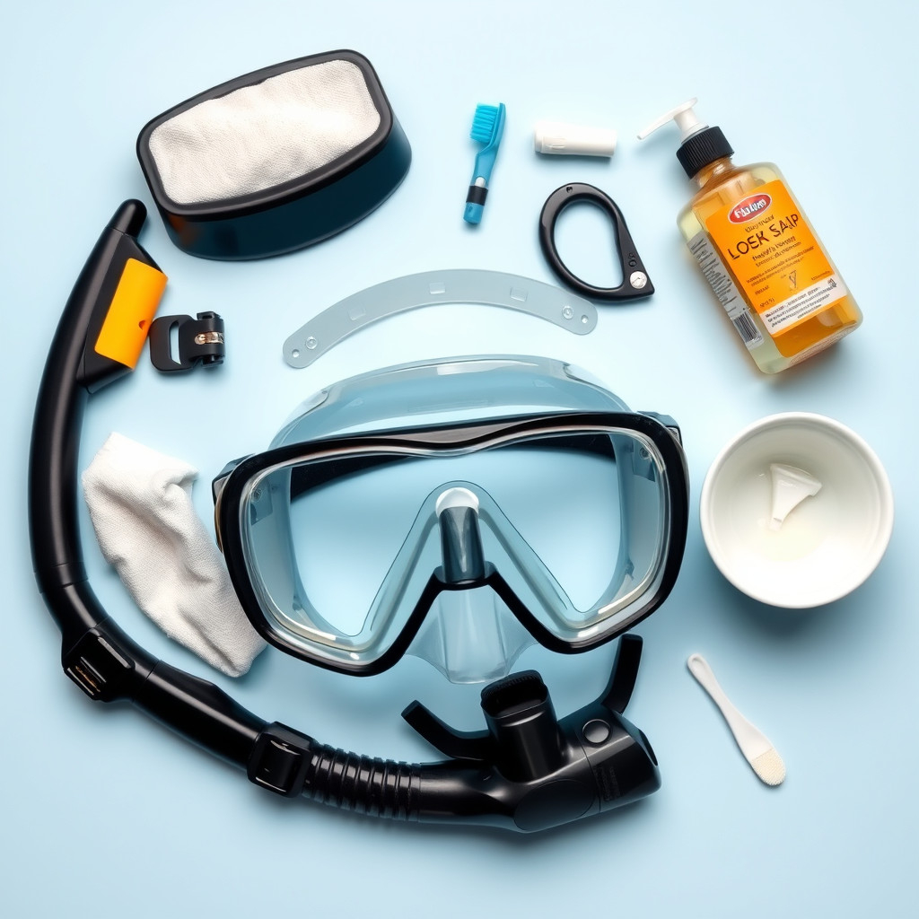 Disassembled snorkel mask parts laid out with cleaning supplies like soap, cloth, and toothbrush