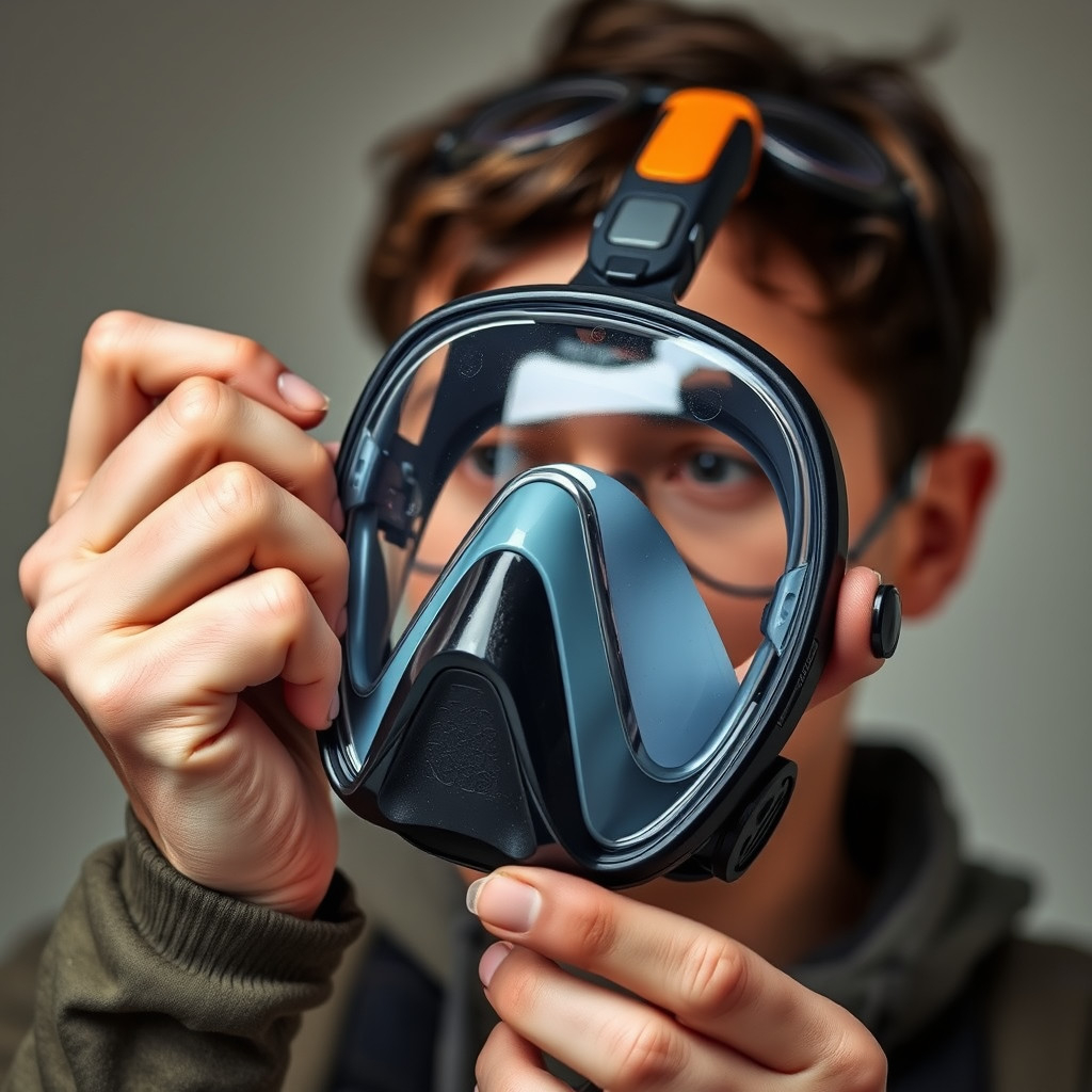 Person inspecting a snorkel mask closely for scratches or wear before snorkeling
