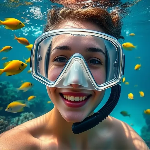 Snorkeler underwater wearing a clear snorkel mask, surrounded by colorful coral and fish