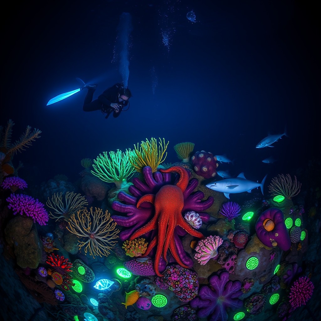 Scuba diver exploring underwater at night, illuminating vibrant corals and nocturnal sea creatures like octopuses and sharks