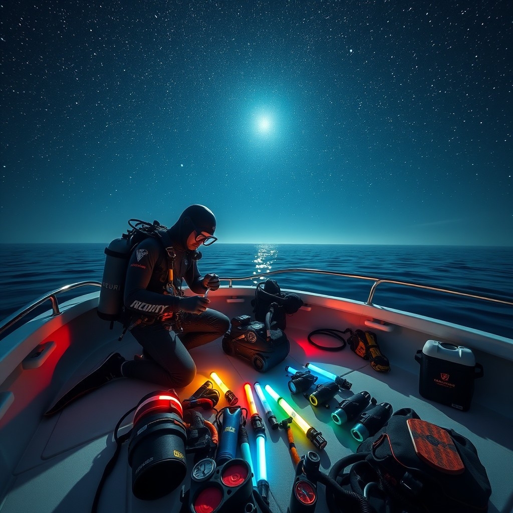 Diver preparing for a night scuba dive, checking lights and equipment on a boat under a starlit sky