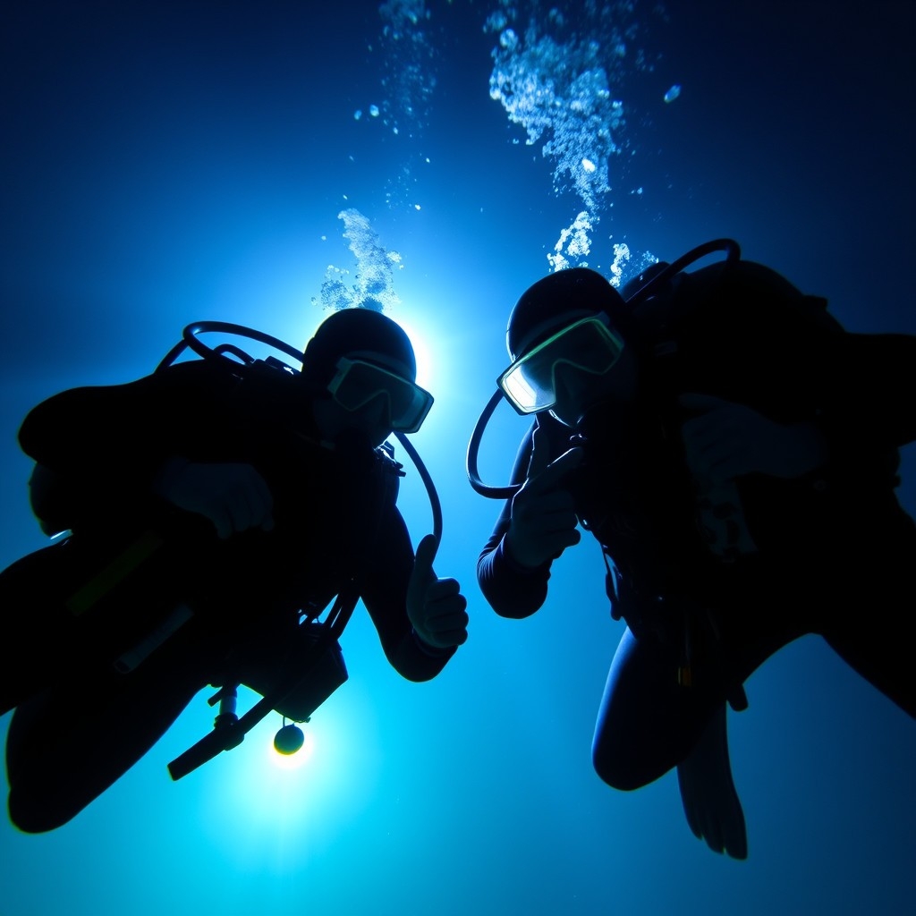 Two scuba divers at night underwater, using dive lights and staying close together, practicing safe diving techniques