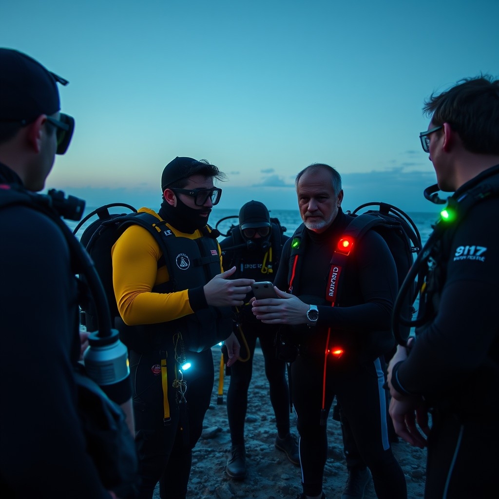 Diving instructor teaching a group about night scuba diving, preparing at dusk with gear and lights