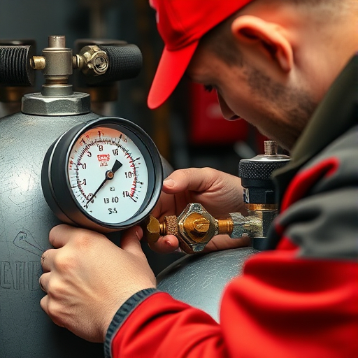 Engineer checking an air tank with pressure gauges showing PSI and Bar units.