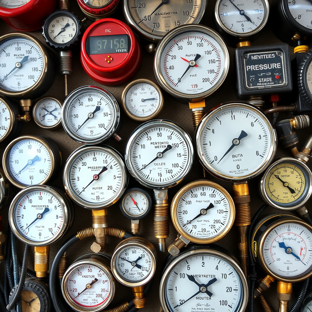 Various pressure measuring instruments like gauges and barometers displayed together.