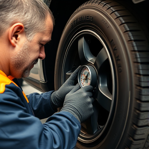 Mechanic using a pressure gauge to inflate a car tire, displaying PSI measurement.
