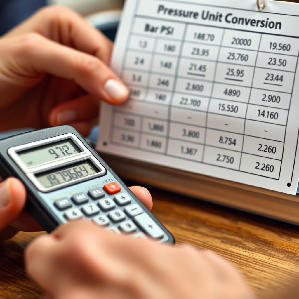 Person using calculator and conversion table to switch between PSI and Bar units.